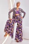Shop_Divya Aggarwal_Purple Blouse Heavy Satin Print Floral Bloom Round Pattern Jacket Trouser Set_Online_at_Aza_Fashions