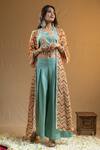 Buy_Nazar By Indu_Blue Cotton, Georgette Crystals Square Neck Chevron Print Cape Flared Pant Set _at_Aza_Fashions