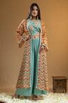 Shop_Nazar By Indu_Blue Cotton, Georgette Crystals Square Neck Chevron Print Cape Flared Pant Set _at_Aza_Fashions