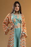 Nazar By Indu_Blue Cotton, Georgette Crystals Square Neck Chevron Print Cape Flared Pant Set _Online_at_Aza_Fashions