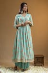 Shop Nazar By Indu Blue Georgette Gota Patti V-neck Floral Print Anarkali Palazzo Set at Aza Fashions Shop_Nazar By Indu_Blue Georgette Gota Patti V-neck Floral Print Anarkali Palazzo Set _at_Aza_Fashions