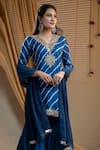 Nazar By Indu_Blue Cotton, Georgette Zari V-neck Leheriya Pattern Kurta And Gharara Set _Online_at_Aza_Fashions