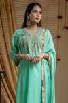Nazar By Indu_Blue Cotton Embroidery, Gota Patti V-neck Kashmiri Yoke Kurta Set _Online_at_Aza_Fashions