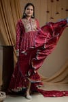 Shop Nazar By Indu Wine Cotton Embroidery Collared Floral Print Anarkali With Dupatta at Aza Fashions Shop_Nazar By Indu_Wine Cotton Embroidery Collared Floral Print Anarkali With Dupatta _at_Aza_Fashions