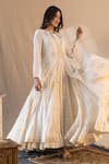 Shop_Nazar By Indu_Ivory Cotton Embroidery Round Neck Printed Cape And Anarkali Set _at_Aza_Fashions