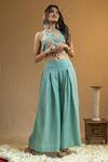 Shop_Nazar By Indu_Blue Cotton, Georgette Halter Neck Floral Print Top And Flared Palazzo Set _at_Aza_Fashions
