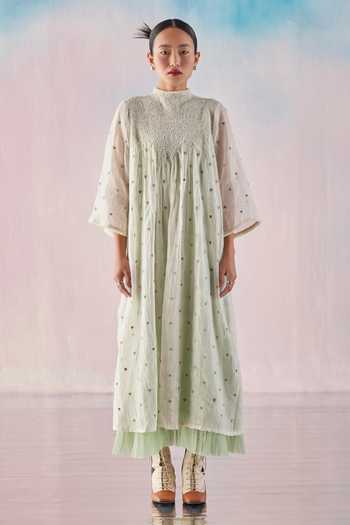 Buy_Ilk_Off White Chanderi, Net Embroidery Round Neck Heart Emboridered Dress _at_Aza_Fashions