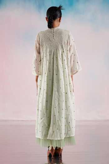 Shop_Ilk_Off White Chanderi, Net Embroidery Round Neck Heart Emboridered Dress _at_Aza_Fashions