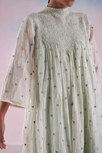 Ilk_Off White Chanderi, Net Embroidery Round Neck Heart Emboridered Dress _Online_at_Aza_Fashions