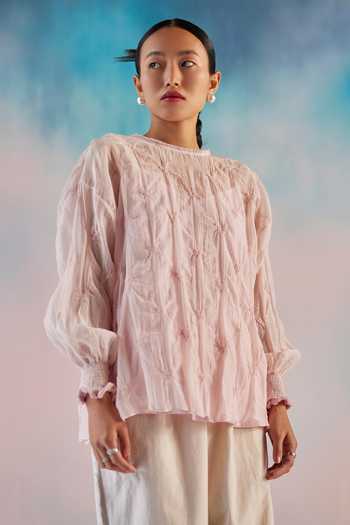 Buy_Ilk_Pink Chanderi Embroidery Round Neck Smocked Top _at_Aza_Fashions