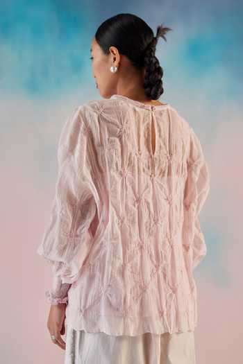 Shop_Ilk_Pink Chanderi Embroidery Round Neck Smocked Top _at_Aza_Fashions