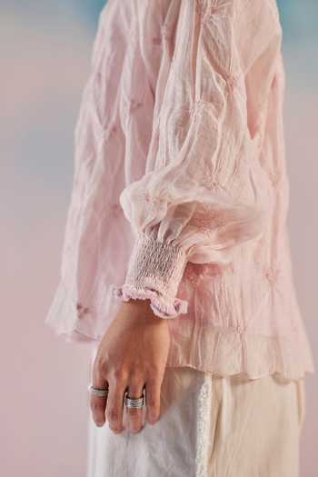 Ilk_Pink Chanderi Embroidery Round Neck Smocked Top _Online_at_Aza_Fashions