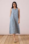 Buy_The Summer House_Blue Certified Organic Cotton Linen Printed Floral Zahra Dress  _at_Aza_Fashions