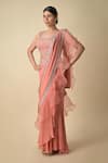 Buy_Kavita D_Peach Silk Georgette Embroidered Sequin U Neck Pre-draped Frill Saree  _at_Aza_Fashions