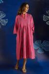 Buy_Ibai_Pink Hand Spun Handwoven With Fish Motif Jamdani Smocked Dress  _at_Aza_Fashions