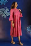 Buy_Ibai_Pink Hand Spun Handwoven With Fish Motif Jamdani Smocked Dress  _Online_at_Aza_Fashions