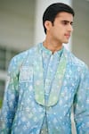 Shop_Philocaly_Blue 100% Silk Printed Floral Smithiran Long Bundi Set _Online_at_Aza_Fashions