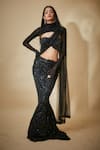 Buy_Premya By Manishii_Black Tulle Embroidery, Beads, Sequins High Neck Hand Pre-draped Saree Set _at_Aza_Fashions