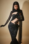 Premya By Manishii_Black Tulle Embroidery, Beads, Sequins High Neck Hand Pre-draped Saree Set _Online_at_Aza_Fashions