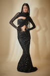 Buy_Premya By Manishii_Black Tulle Embroidery, Beads, Sequins High Neck Hand Pre-draped Saree Set _Online_at_Aza_Fashions