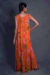 Shop_Seesa_Orange Crinkled Silk Chiffon Printed Broken Flower Boat Gathered Dress _at_Aza_Fashions