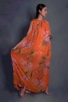 Seesa_Orange Crinkled Silk Chiffon Printed Broken Flower Boat Gathered Dress _Online_at_Aza_Fashions