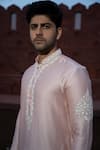 Buy_Kaaj Button x AZA_Pink Satin Linen Embroidered Floral Placement Kurta Set 