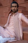 Kaaj Button x AZA_Pink Chanderi Silk Embroidered Quatrefoil Bundi And Kurta Set _Online_at_Aza_Fashions