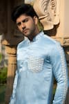 Buy_Kaaj Button x AZA_Blue Satin Linen Embroidered Floral Placement Kurta Set _Online_at_Aza_Fashions