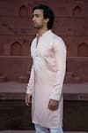 Shop_Kaaj Button x AZA_Pink Satin Linen Embroidered French Knot Kurta Set _Online_at_Aza_Fashions