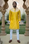 Buy_Kaaj Button x AZA_Yellow Chanderi Silk Embroidered Thread Work Kurta And Pant Set _at_Aza_Fashions