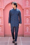 Buy_Kaaj Button x AZA_Blue Suiting Embroidered Geometric Shaded Bundi And Kurta Set _at_Aza_Fashions