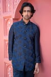 Kaaj Button x AZA_Blue Suiting Embroidered Geometric Shaded Bundi And Kurta Set _Online_at_Aza_Fashions