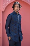 Buy_Kaaj Button x AZA_Blue Suiting Embroidered Geometric Shaded Bundi And Kurta Set _Online_at_Aza_Fashions