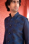 Kaaj Button x AZA_Blue Suiting Embroidered Geometric Shaded Bundi And Kurta Set _at_Aza_Fashions