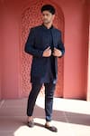 Buy_Kaaj Button x AZA_Blue Suiting Embroidered Hand Bandhgala Pant Set _at_Aza_Fashions