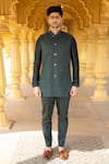 Buy_Kaaj Button x AZA_Green Suiting Embroidered French Knot Bundi And Kurta Set _at_Aza_Fashions