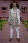 Buy_Kaaj Button x AZA_Gold Satin Linen Embroidered Bandhej Kurta Set _at_Aza_Fashions