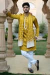 Buy_Kaaj Button x AZA_Yellow Satin Linen Embroidered Geometric Kurta Set With Dupatta _at_Aza_Fashions