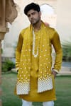 Kaaj Button x AZA_Yellow Satin Linen Embroidered Geometric Kurta Set With Dupatta _at_Aza_Fashions