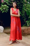 Buy Kavya Singh Kundu Red Silk Beads V-neck Faye Handwoven Mulberry Dress at Aza Fashions Buy_Kavya Singh Kundu_Red Silk Beads V-neck Faye Handwoven Mulberry Dress _at_Aza_Fashions