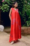 Shop Kavya Singh Kundu Red Silk Beads V-neck Faye Handwoven Mulberry Dress Online at Aza Fashions Shop_Kavya Singh Kundu_Red Silk Beads V-neck Faye Handwoven Mulberry Dress _Online_at_Aza_Fashions