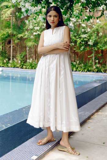 Buy_Kavya Singh Kundu_White , Handloom Embroidery Round Sienne Handwoven Mulmul Dress _at_Aza_Fashions