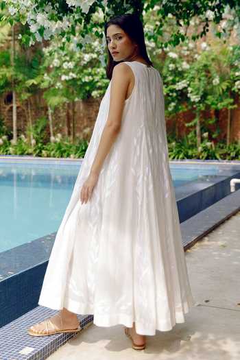 Shop_Kavya Singh Kundu_White , Handloom Embroidery Round Sienne Handwoven Mulmul Dress _at_Aza_Fashions