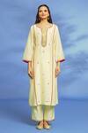 OMI_Yellow Silk, Chanderi, Chiffon Mirrors, Embroidery Split V-neck Kurta Pant Set _Online_at_Aza_Fashions