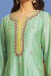 OMI_Blue Silk, Chanderi Embroidery, Mirrors Split V-neck Yoke Hand Tunic _at_Aza_Fashions
