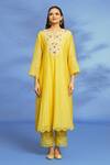 OMI Yellow Silk, Chanderi Embroidery, Mirrors Split V-neck Hand Anarkali Pant Set Online at Aza Fashions OMI_Yellow Silk, Chanderi Embroidery, Mirrors Split V-neck Hand Anarkali Pant Set _Online_at_Aza_Fashions