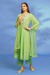 Buy_OMI_Green Silk, Chanderi Embroidery, Mirrors Split V-neck Hand Anarkali Set _at_Aza_Fashions