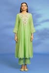 OMI_Green Silk, Chanderi Embroidery, Mirrors Split V-neck Hand Anarkali Set _Online_at_Aza_Fashions