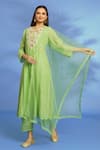 Buy_OMI_Green Silk, Chanderi Embroidery, Mirrors Split V-neck Hand Anarkali Set _Online_at_Aza_Fashions